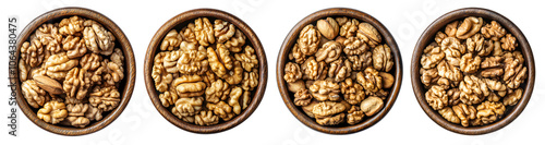 Collection of Top View of Walnuts in Wooden Bowls on white and transparent background. PNG