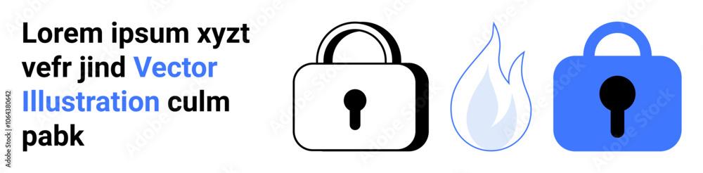 Black padlock, blue flame, and blue padlock representing security, protection, and firewall. Ideal for cyber security, data protection, web services, network security, software, technology Black padlock, blue flame, and blue padlock representing security, protection, and firewall. Ideal for cyber security, data protection, web services, network security, software, technology