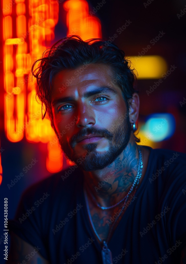 Beautiful man with dark hair, tanned skin, and neck tattoos Beautiful man with dark hair, tanned skin, and neck tattoos