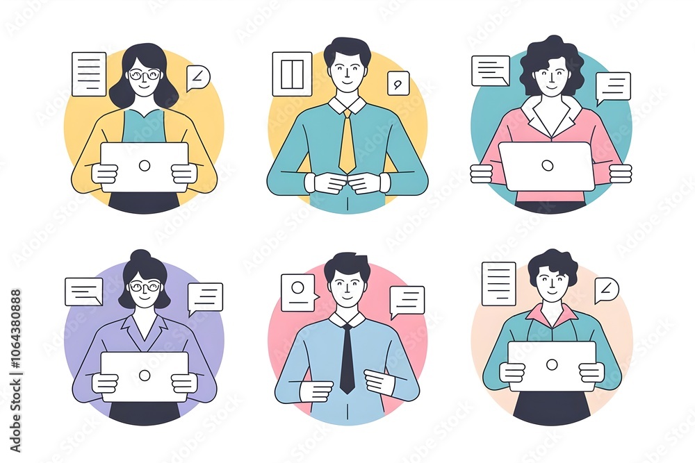 Modern Business Avatars - Line Art Professional Characters with Laptops in Pastel Circles - Remote Work and Team Communication Icons Modern Business Avatars - Line Art Professional Characters with Laptops in Pastel Circles - Remote Work and Team Communication Icons