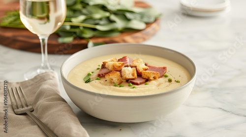 Split Pea Soup with ham, garnished with croutons in Cozy kitchen table