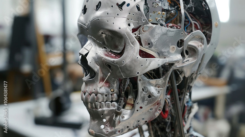 Mechanical skull with intricate wiring and robotic components. photo