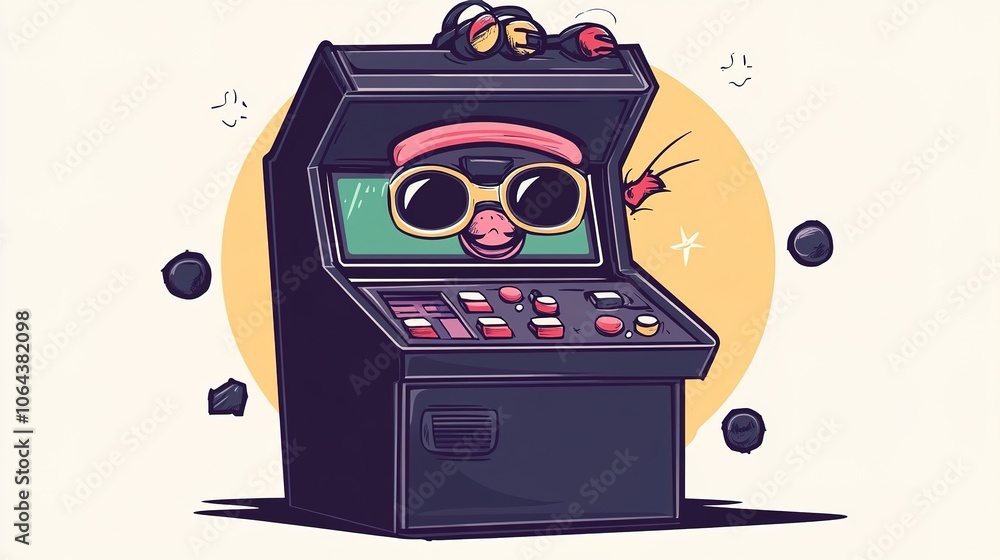 Naklejka premium Retro video game console manga illustration featuring black lenses and a hat emerging from a circle, blending nostalgic gaming elements with a stylish, manga-inspired design.
