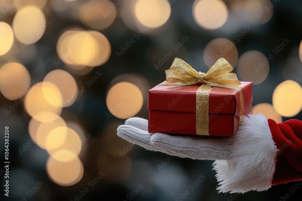 Festive gesture: capturing a close-up of Santa Claus hand holding a red gift box adorned with a golden ribbon, embodying the spirit of Christmas, joy, and the excitement of holiday giving. Festive gesture: capturing a close-up of Santa Claus hand holding a red gift box adorned with a golden ribbon, embodying the spirit of Christmas, joy, and the excitement of holiday giving.