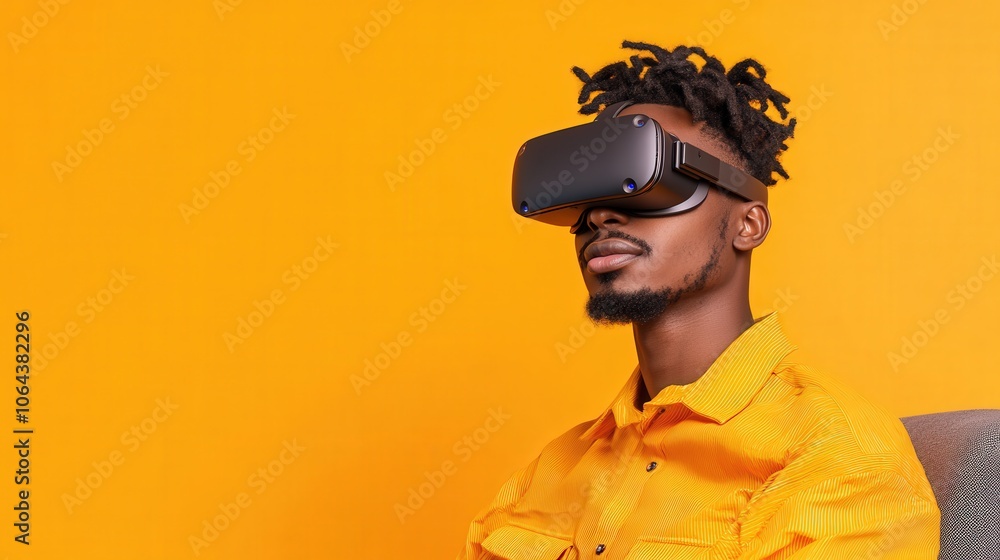 Man Experiencing Virtual Reality with Headset on Yellow Background Man Experiencing Virtual Reality with Headset on Yellow Background