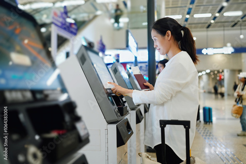 Efficient Air Travel: Woman Using Self-Service Check-In Kiosk at Airport