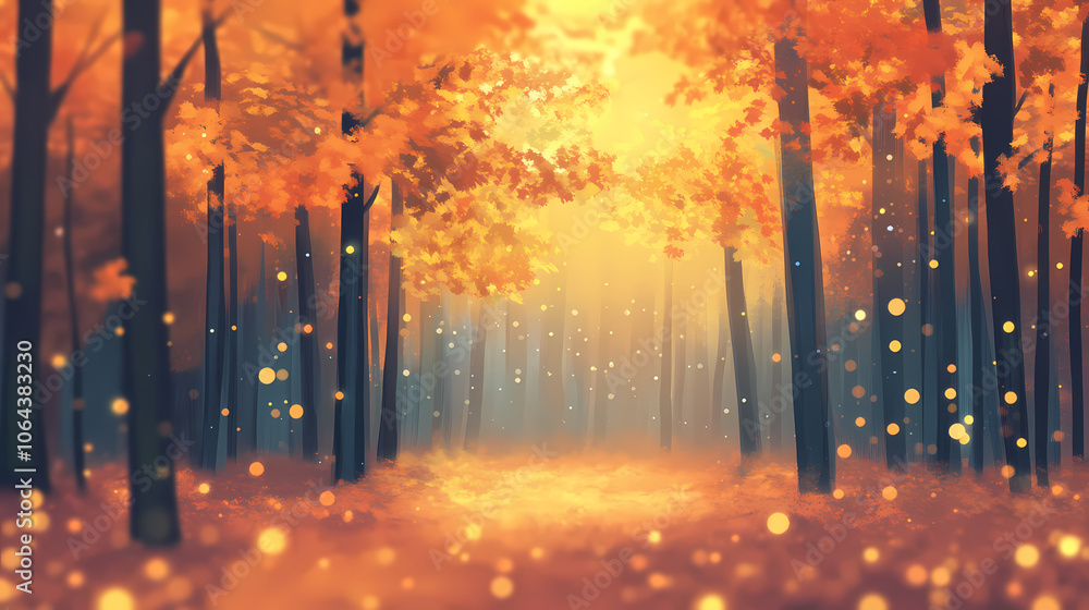 Autumn forest with defocused background, bokeh effect. Dreamscape. Illustration Autumn forest with defocused background, bokeh effect. Dreamscape. Illustration