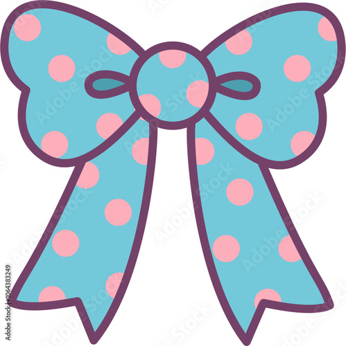 Blue ribbon bow with pink polka dot pattern illustration.
