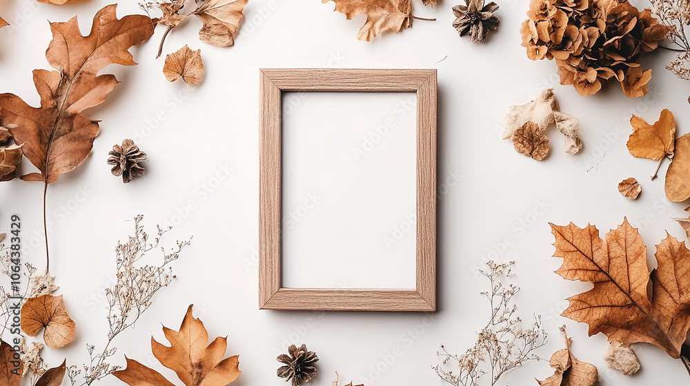 Fototapeta premium autumn composition photo frame with dried flowers and leaves