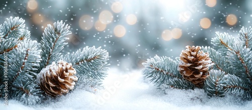Snowy Pine Branches with Pine Cones and a Blurred Background of Lights