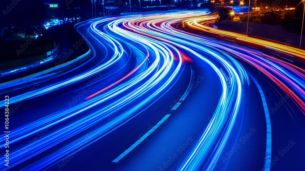 blue lights trails sweeping curves and lines on the road blue lights trails sweeping curves and lines on the road