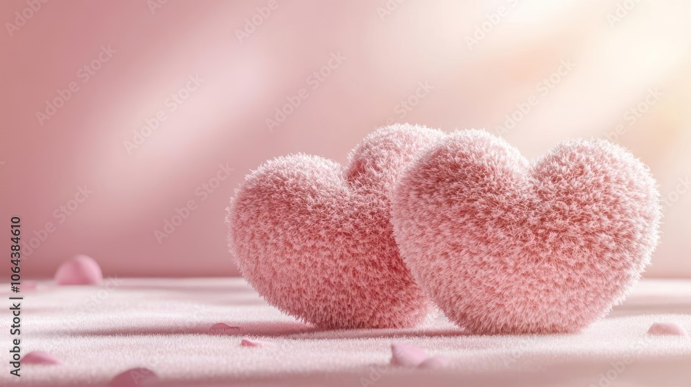 Obraz premium Pink sugar crystal hearts surrounded by flower petal confetti against a light background.