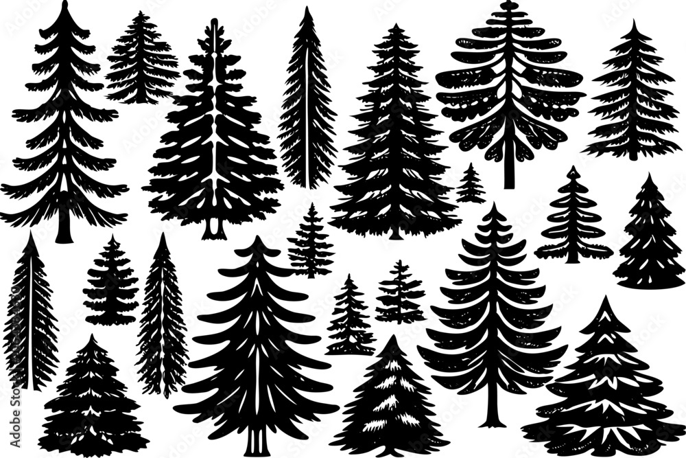 Obraz premium Christmas tree set hand drawn illustration. chritmas tree silhouettes. Christmas pine trees silhouette icon vector illustration. Big collection of tree silhouettes isolated on white background vector
