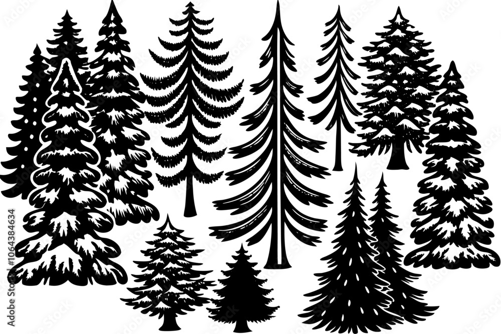 Obraz premium Christmas tree set hand drawn illustration. chritmas tree silhouettes. Christmas pine trees silhouette icon vector illustration. Big collection of tree silhouettes isolated on white background vector
