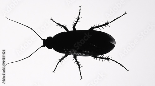 28.A detailed silhouette of a cockroach as seen from above, with all six legs, antennae, and the wing covers accurately represented. The insectâ€™s body is dark and reflective, creating a stark