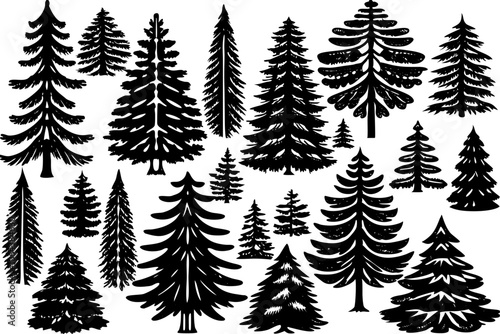 Christmas tree set hand drawn illustration. chritmas tree silhouettes. Christmas pine trees silhouette icon vector illustration. Big collection of tree silhouettes isolated on white background vector 
