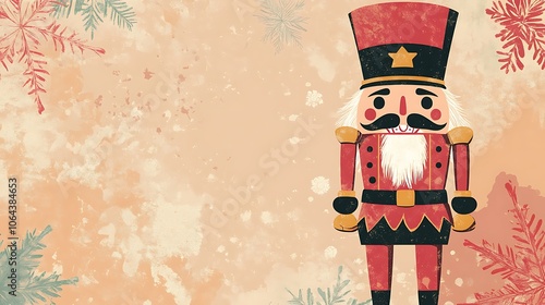 Vintage Nutcracker with Red and Green Foliage on Beige Background