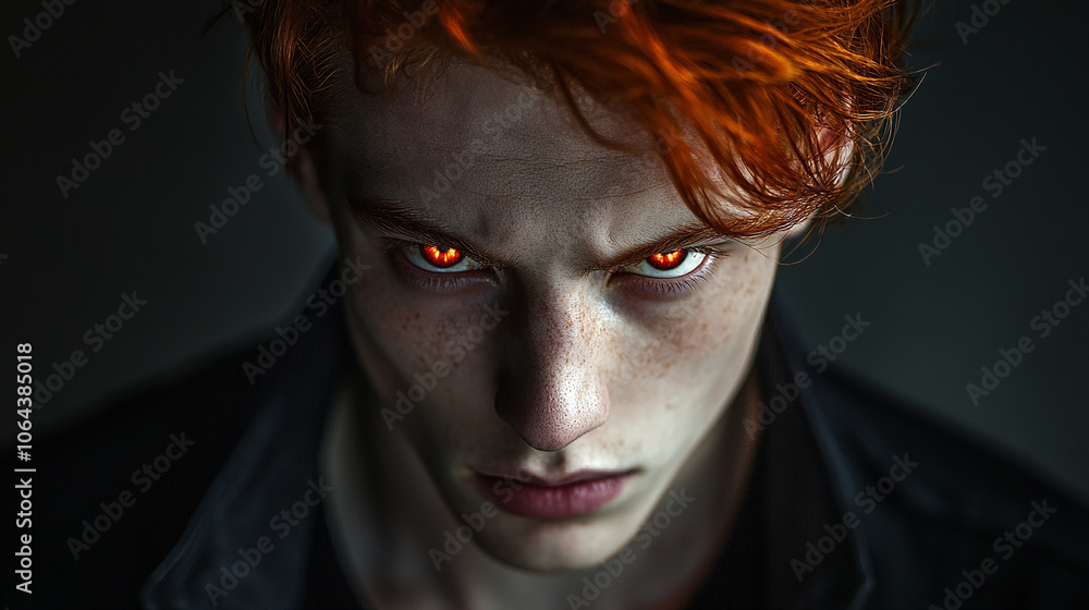 Cool red-haired man with bold red eyes, mysterious Cool red-haired man with bold red eyes, mysterious