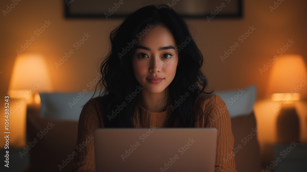 young woman with long, dark hair is focused on her laptop in cozy, softly lit room. warm glow from lamps creates inviting atmosphere, perfect for late night work or study young woman with long, dark hair is focused on her laptop in cozy, softly lit room. warm glow from lamps creates inviting atmosphere, perfect for late night work or study