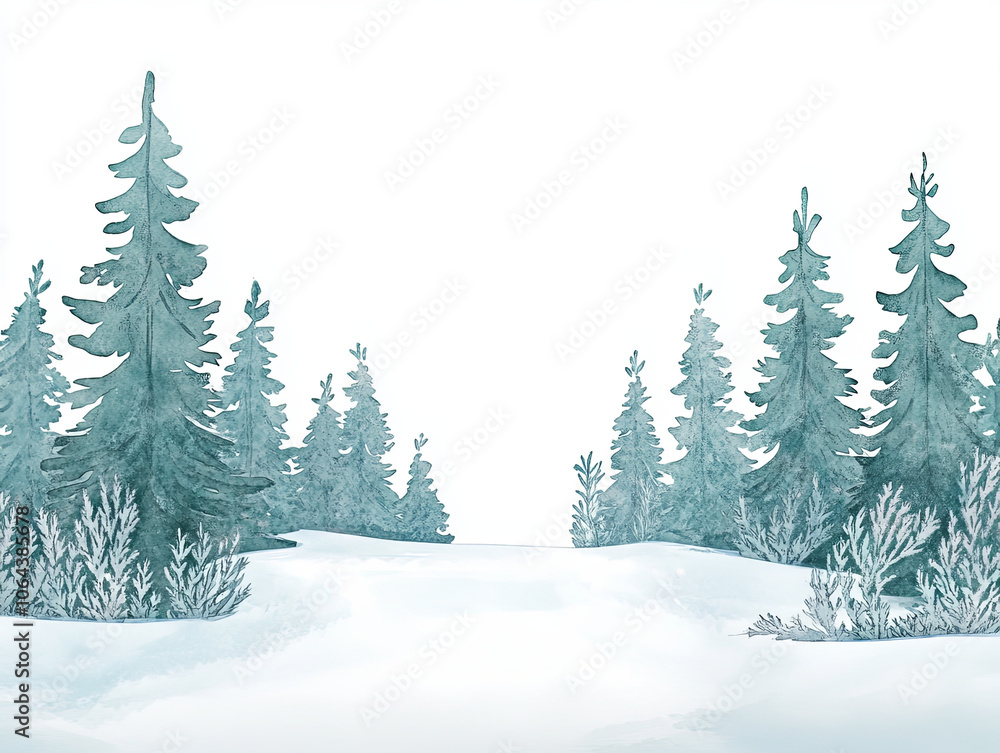 Fototapeta premium serene watercolor style scene featuring snow covered path surrounded by tall evergreen trees. tranquil atmosphere evokes sense of peace and winter beauty