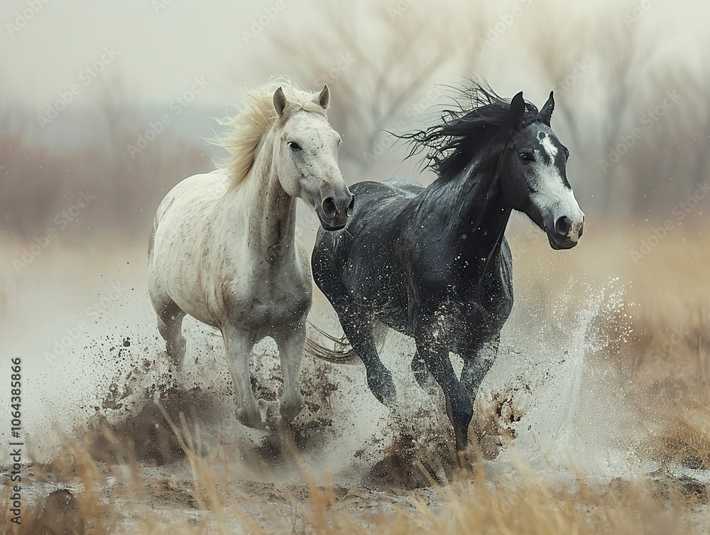Fototapeta premium Two Horses Running Through Muddy Field - Stunning Nature Photography