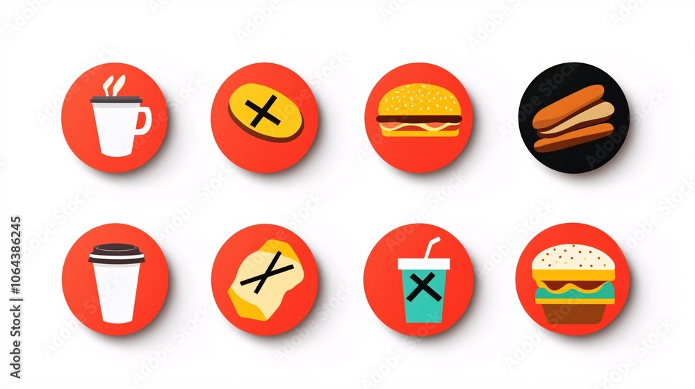 76.A series of brightly colored stickers designed to discourage bringing food and drinks into a library. The icons feature a red prohibition circle with images of a coffee cup, a sandwich, and snacks 76.A series of brightly colored stickers designed to discourage bringing food and drinks into a library. The icons feature a red prohibition circle with images of a coffee cup, a sandwich, and snacks