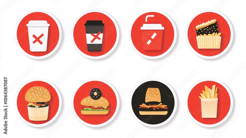 80.A vector set of prohibition stickers showing a variety of food and drink icons inside red circles. The symbols include coffee cups, sandwiches, water bottles, and chips, each crossed out with a 80.A vector set of prohibition stickers showing a variety of food and drink icons inside red circles. The symbols include coffee cups, sandwiches, water bottles, and chips, each crossed out with a
