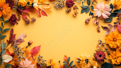 beautiful autumn floral composition with frame made of fresh flowers