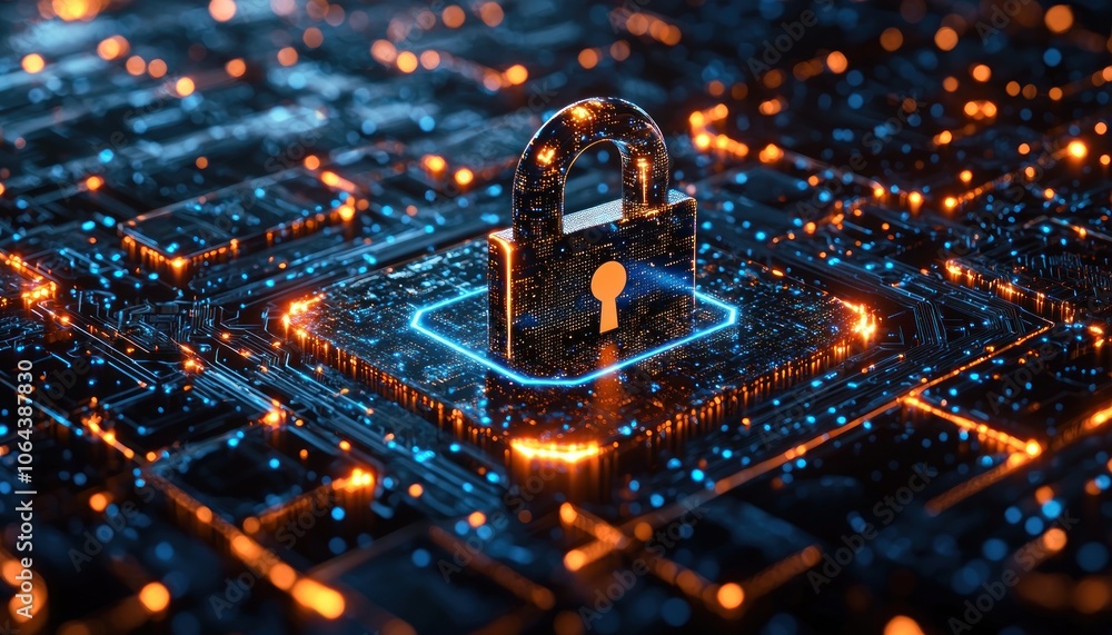 Cyber Security Lock on Circuit Board with Glowing Lights Cyber Security Lock on Circuit Board with Glowing Lights