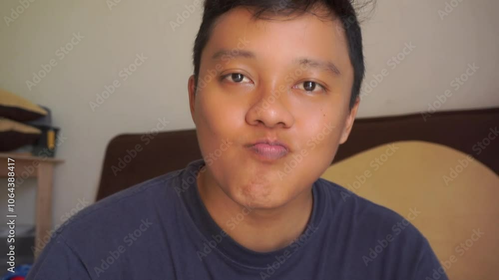Asian man eating delicious food with spoon and looking to camera. Satisfied man eating porridge at home. Asian man eating delicious food with spoon and looking to camera. Satisfied man eating porridge at home.
