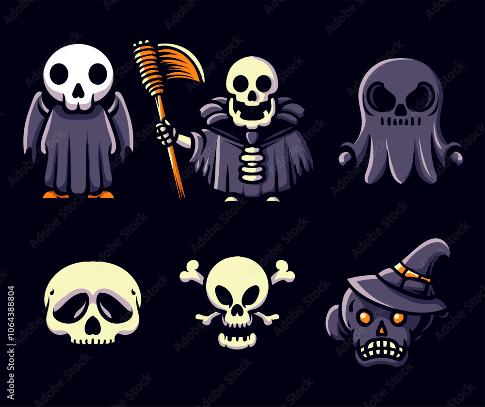 Skull element set. Halloween illustration. Horror and spooky element. Isolated on black background. Fit for banner, poster, symbol, background, apparel, cover. Vector Eps 10. Skull element set. Halloween illustration. Horror and spooky element. Isolated on black background. Fit for banner, poster, symbol, background, apparel, cover. Vector Eps 10.