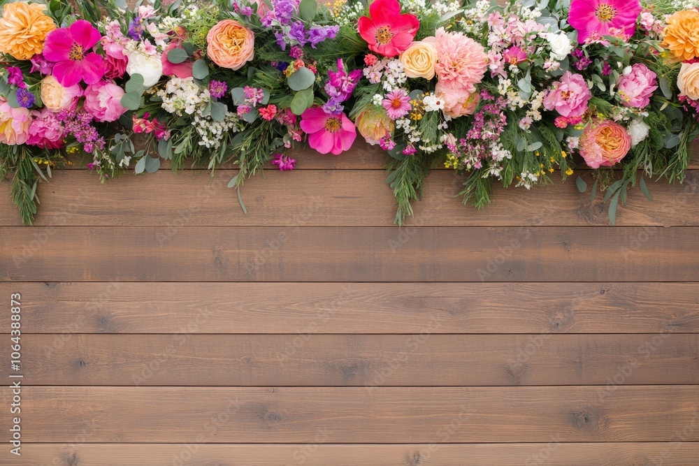 Fototapeta premium Decorative boho garden setting with a colorful flower garland arch on a rustic wooden backdrop