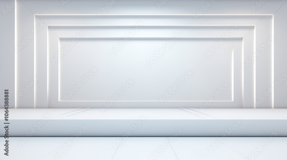 A bright, minimalistic interior features smooth white walls and a raised platform, enhanced by soft, indirect lighting creating a serene atmosphere, product stage A bright, minimalistic interior features smooth white walls and a raised platform, enhanced by soft, indirect lighting creating a serene atmosphere, product stage