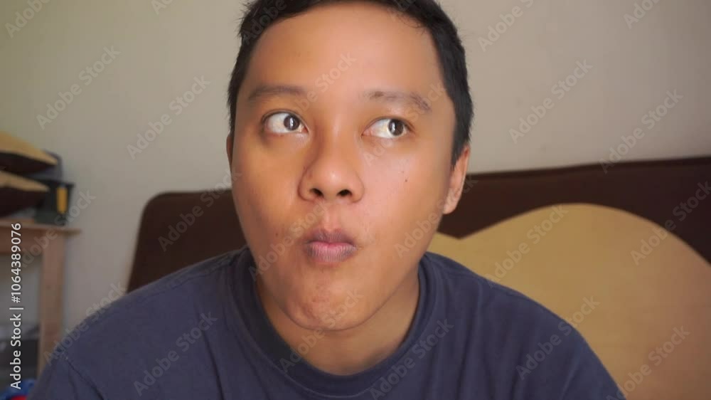Asian man eating delicious food with spoon and looking to camera. Satisfied man eating porridge at home. Asian man eating delicious food with spoon and looking to camera. Satisfied man eating porridge at home.