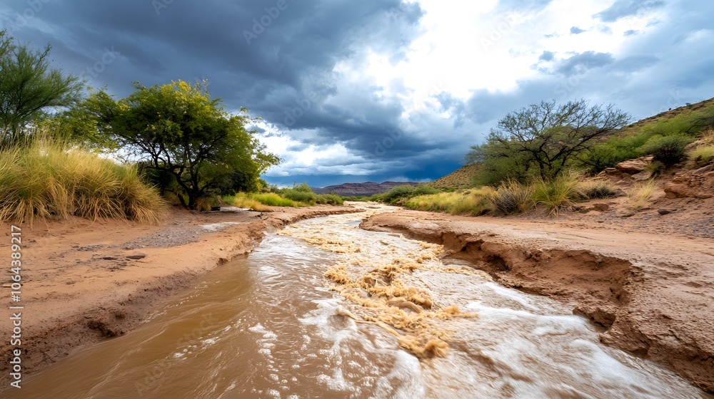 A once-dry riverbed filled with violent, muddy water after a sudden downpour, showing the river’s transformation A once-dry riverbed filled with violent, muddy water after a sudden downpour, showing the river’s transformation