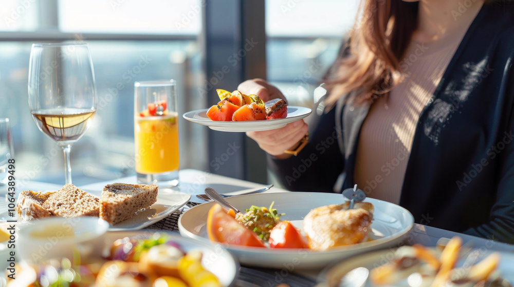 A woman serving a plate of gourmet food at a luxurious breakfast table with a city view, featuring bright natural light. A woman serving a plate of gourmet food at a luxurious breakfast table with a city view, featuring bright natural light.