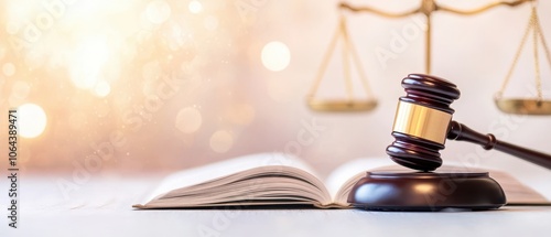 A gavel resting on an open law book with a blurred background of scales representing justice. Ideal for legal themes and courtroom imagery.