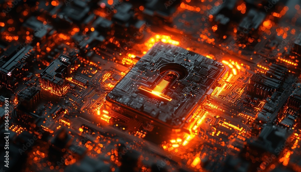 Glowing Lock Symbol Embedded in a Futuristic Circuit Board Glowing Lock Symbol Embedded in a Futuristic Circuit Board