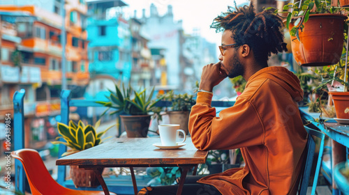 A young African-American man enjoying a morning coffee at a colorful outdoor cafe with a vibrant street view.