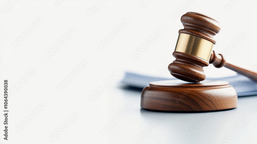Wooden gavel on a table with documents in the background, symbolizing justice and legal proceedings in a professional setting. Wooden gavel on a table with documents in the background, symbolizing justice and legal proceedings in a professional setting.