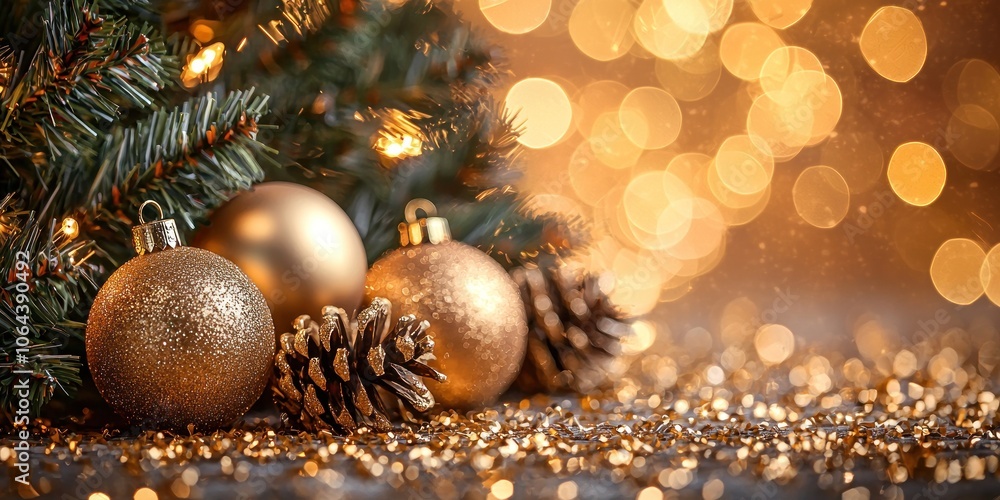 Gold Christmas Ornaments and Pine Cone with Bokeh Lights Gold Christmas Ornaments and Pine Cone with Bokeh Lights