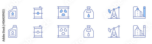 Natural petroleum icon set in two styles, Duotone and Thin Line style. Editable stroke. gasoline, oil bottle, oil platform, oil tank, factory, oil barrel