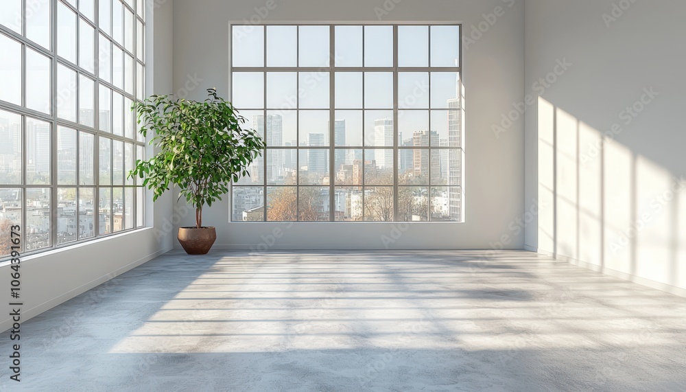 Empty Room with Large Window and City View
