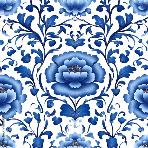 Wallpaper Mural Seamless floral pattern inspired by traditional Chinese blue and white porcelain, elegant floral motifs, swirling vines, intricate details, white background, cobalt blue color Torontodigital.ca