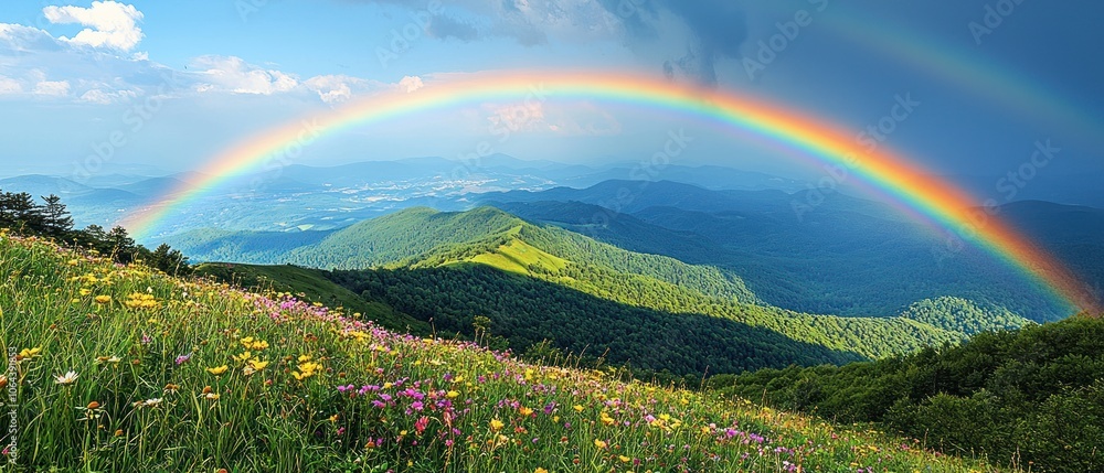 Obraz premium Rainbow Arcing Over Verdant Mountain Ranges and Wildflowers