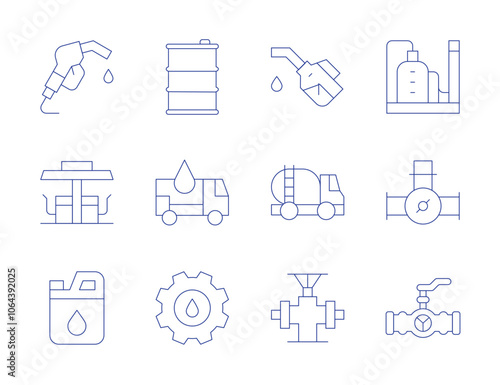 Natural petroleum icons. Thin Line style, editable stroke. barrel, dispenser, factory, fuel, gas station, maintenance, oil, oil pump, oil tanker, pipe, valve