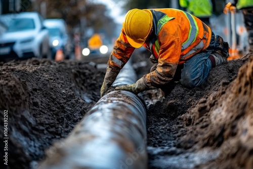 Essential maintenance of city street infrastructure involves skilled labor. photo