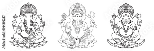 Collection of detailed line art illustrations of Lord Ganesha representing wisdom and prosperity with a transparent background. Spiritual art concept