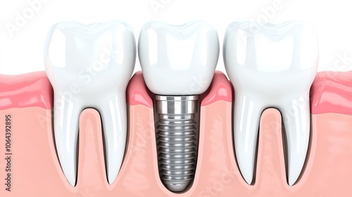 Dental implant between natural teeth on a pink gum background.