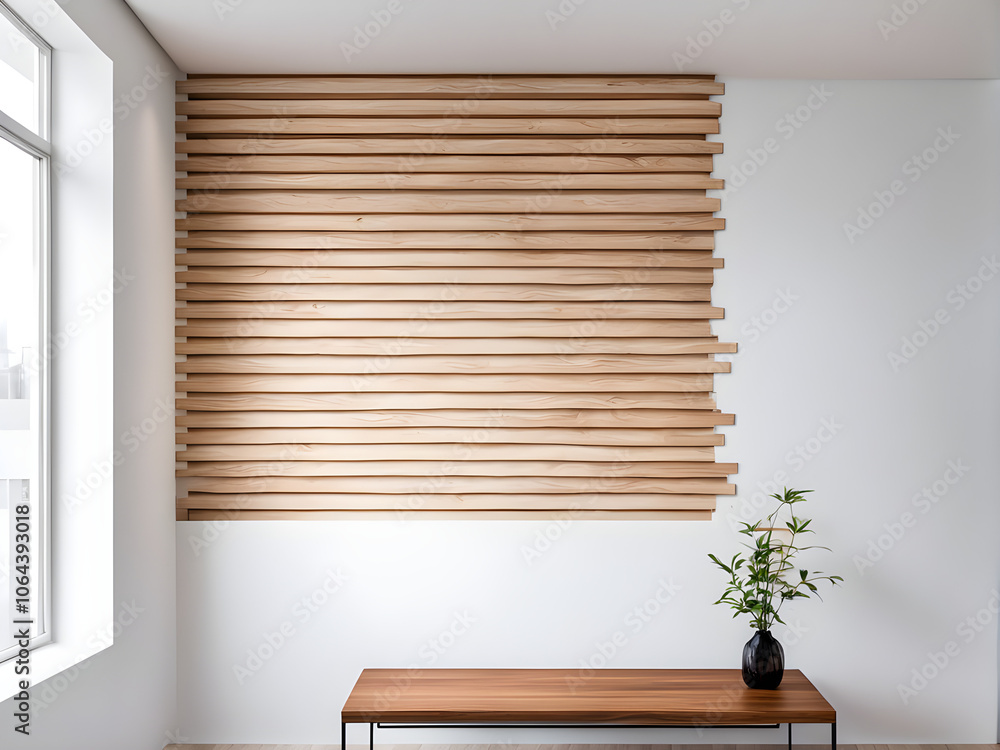 narrow wooden slats on a white plastered wall as an element of modern decor in a minimalistic interior design narrow wooden slats on a white plastered wall as an element of modern decor in a minimalistic interior design